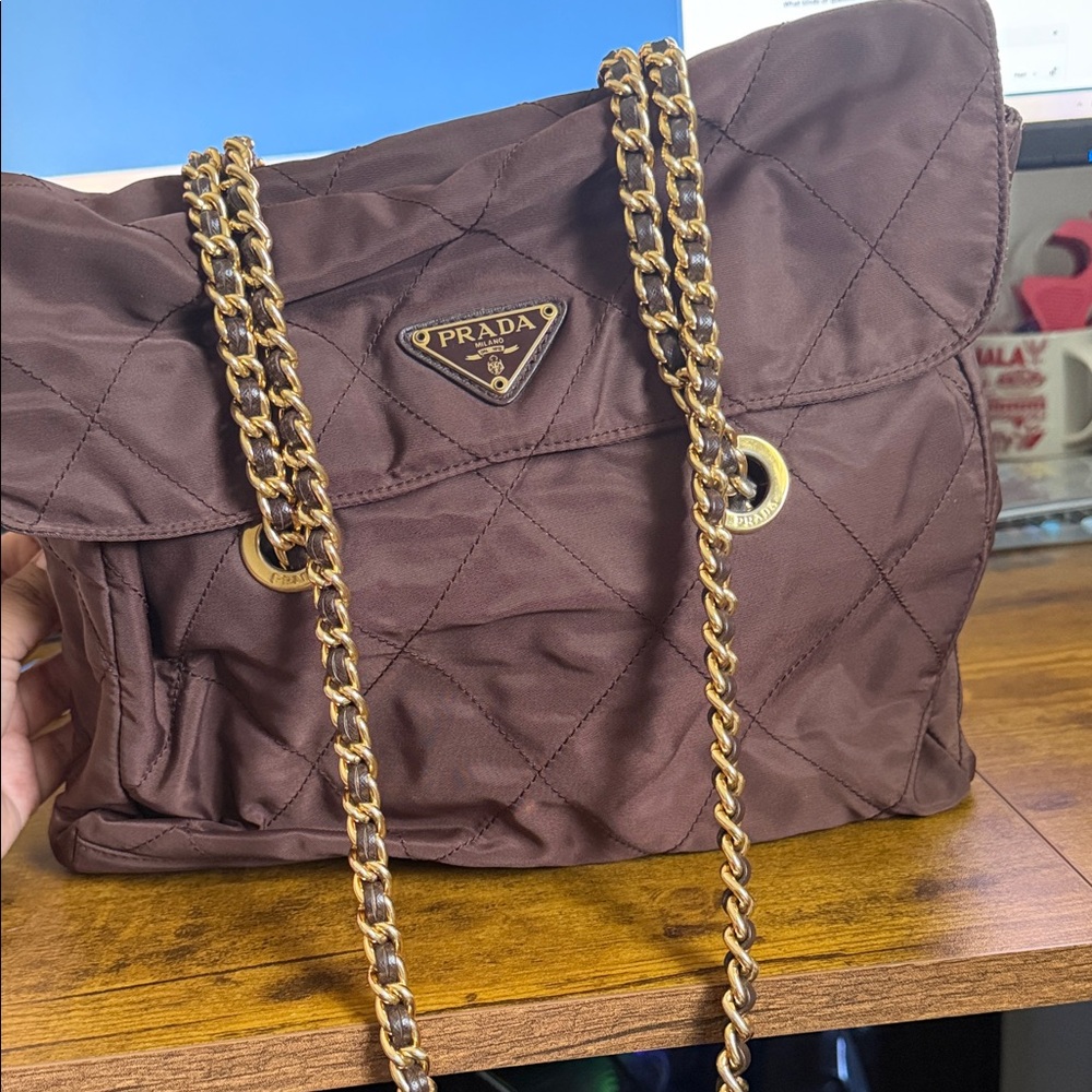 Prada Chocolate Brown Quilted Shoulder Bag with Gold Chain